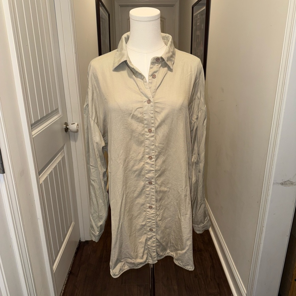 Fate Women's Tan Button-Down Tunic Blouse with Twist Back.
